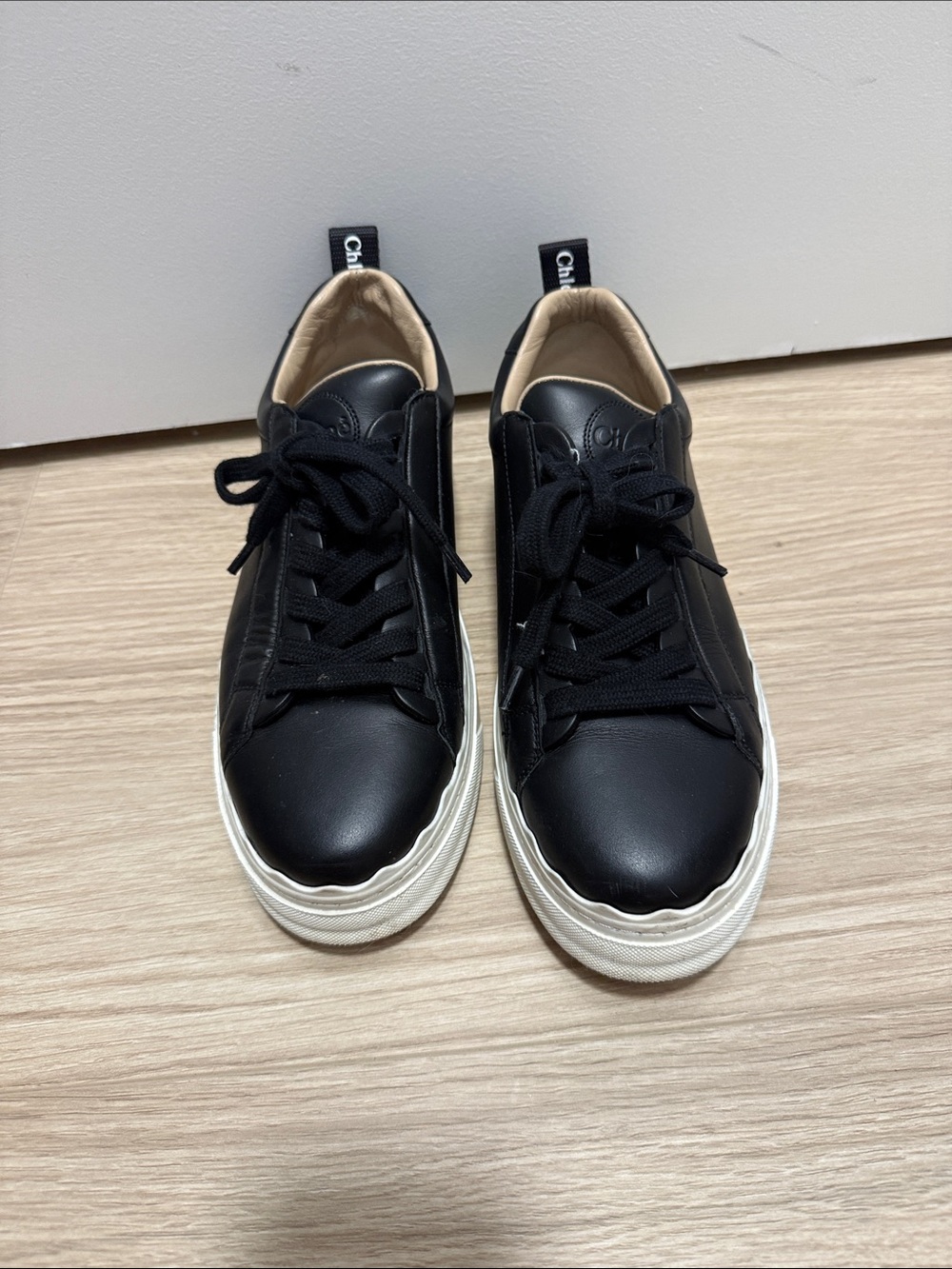 Chloe Black Leather Low-Top Sneakers with Cream Sole